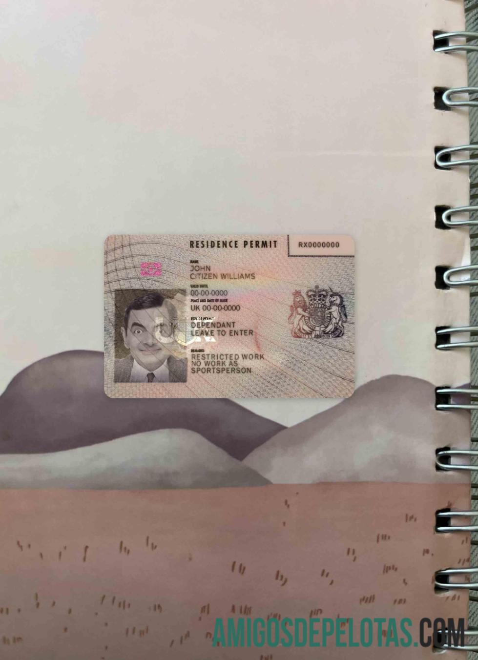 UK Residence Permit olhar de foto frente exemplo